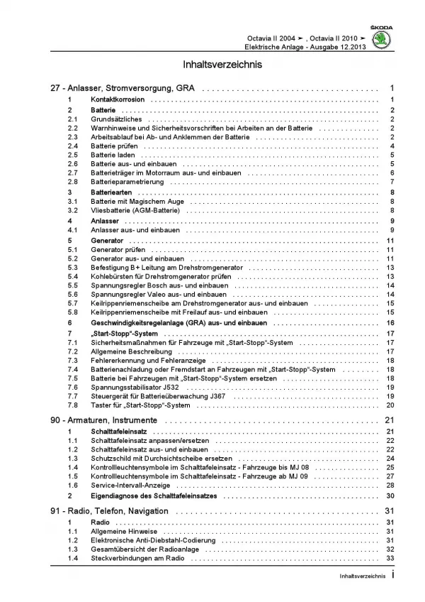 SKODA Octavia Typ 1Z 2004-2013 Elektrische Anlage Systeme Reparaturanleitung PDF