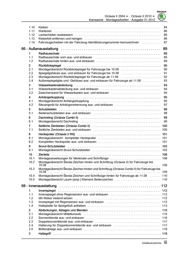 SKODA Octavia 1Z 2004-2013 Karosseriearbeiten Innen Außen Reparaturanleitung PDF