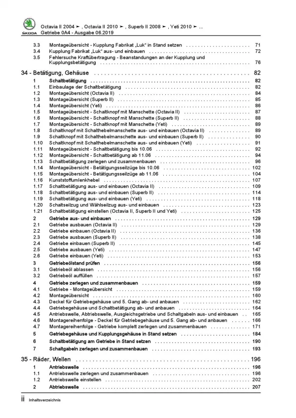 SKODA Octavia (04-13) 5 Gang Schaltgetriebe 0A4 Kupplung Reparaturanleitung PDF