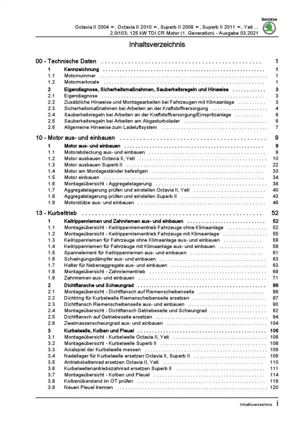 SKODA Octavia 2004-2013 4-Zyl. Dieselmotor TDI 140-170 PS Reparaturanleitung PDF