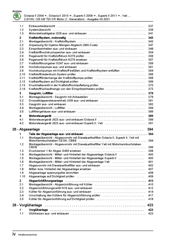 SKODA Octavia 1Z 2004-2013 4-Zyl. Dieselmotor TDI 140-170 PS Reparaturanleitung