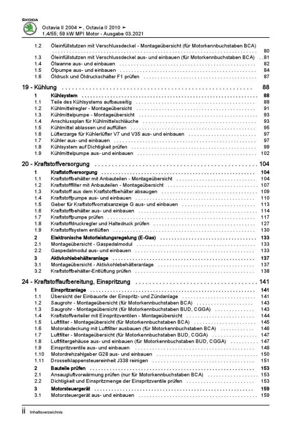 SKODA Octavia 1Z (04-13) 4-Zyl. 1,4l Benzinmotor 75-80 PS Reparaturanleitung PDF