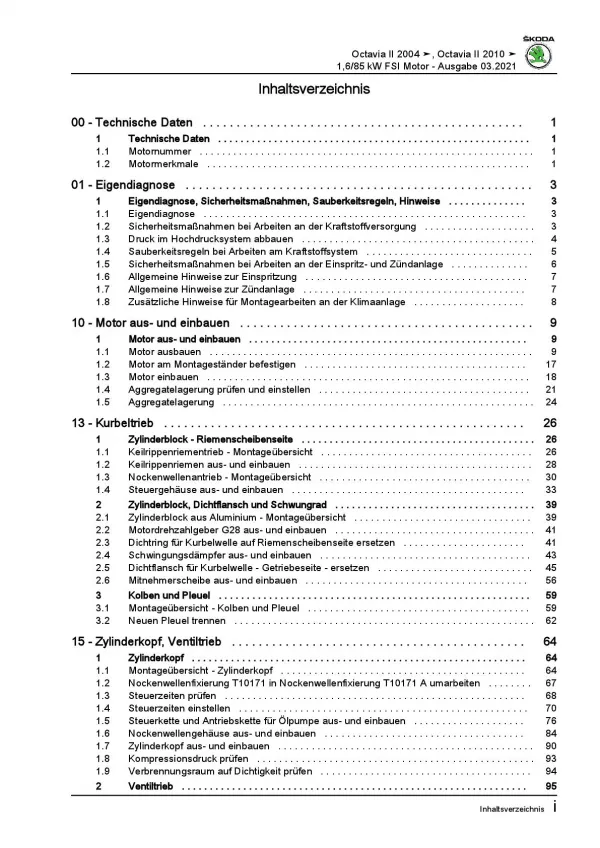 SKODA Octavia 1Z 2004-2013 4-Zyl. 1,6l Benzinmotor 115 PS Reparaturanleitung PDF