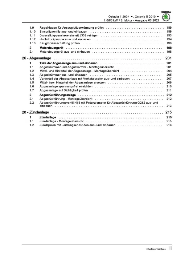 SKODA Octavia 1Z 2004-2013 4-Zyl. 1,6l Benzinmotor 115 PS Reparaturanleitung PDF