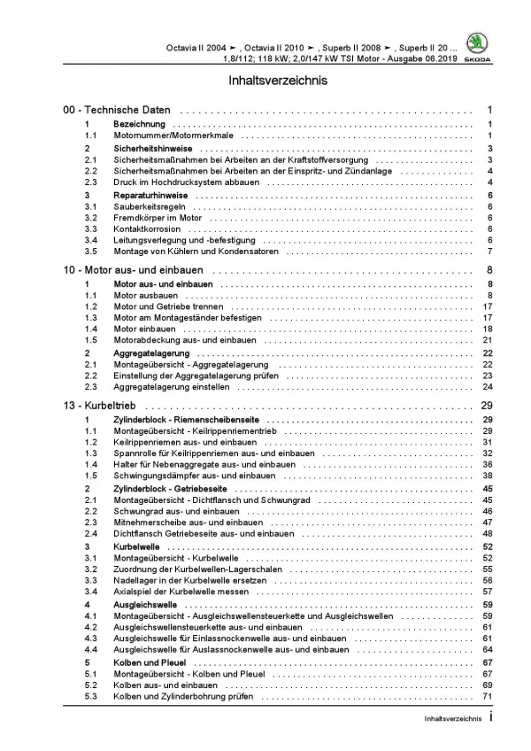 SKODA Octavia 1Z 2004-2013 4-Zyl. Benzinmotor 152-200 PS Reparaturanleitung PDF