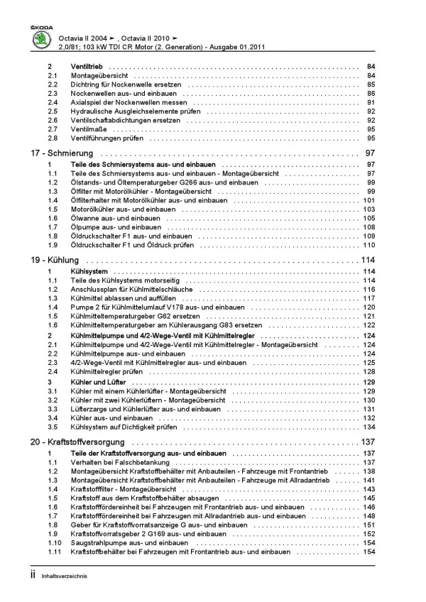 SKODA Octavia 2004-2013 4-Zyl. TDI Dieselmotor 110-140 PS Reparaturanleitung PDF