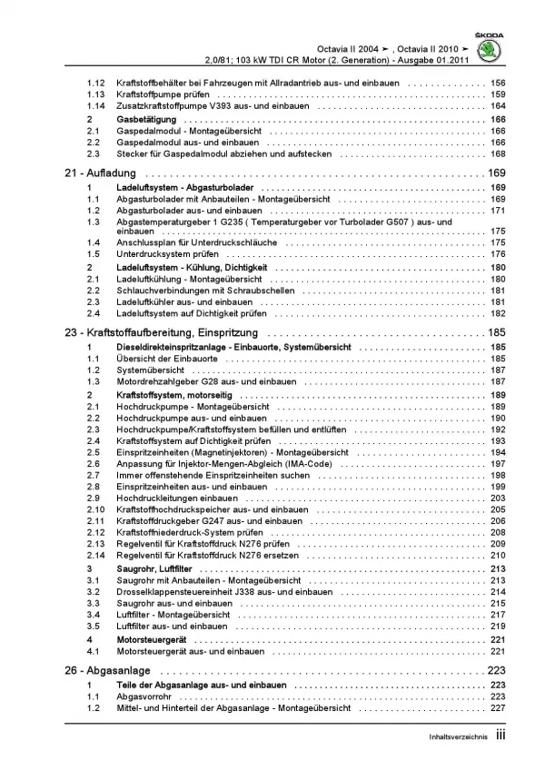 SKODA Octavia 2004-2013 4-Zyl. TDI Dieselmotor 110-140 PS Reparaturanleitung PDF