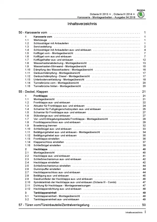 SKODA Octavia 5E 2012-2020 Karosseriearbeiten Innen Außen Reparaturanleitung PDF