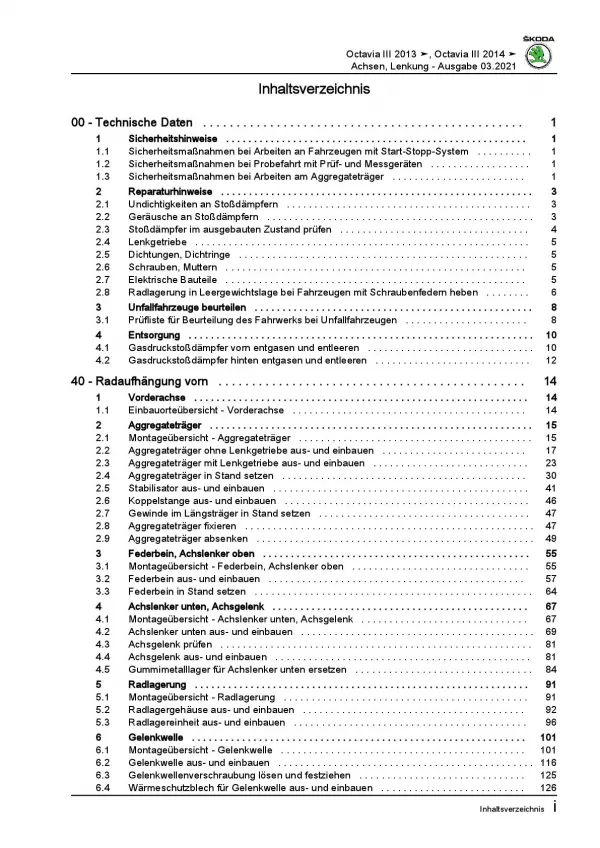 SKODA Octavia Typ 5E 2012-2020 Fahrwerk Achsen Lenkung Reparaturanleitung PDF