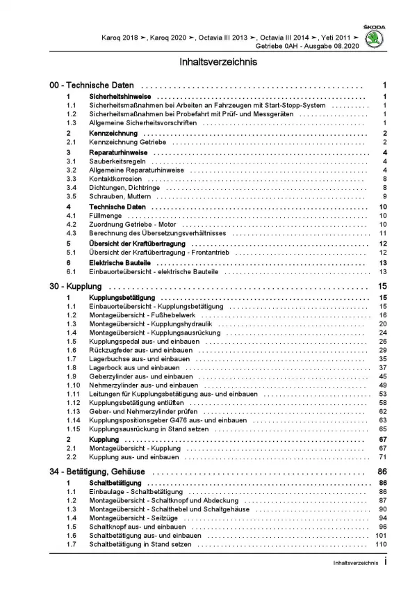 SKODA Octavia (12-20) 5 Gang Schaltgetriebe 0AH Kupplung Reparaturanleitung PDF