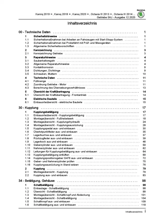 SKODA Octavia (12-20) 6 Gang Schaltgetriebe 0AJ Kupplung Reparaturanleitung PDF