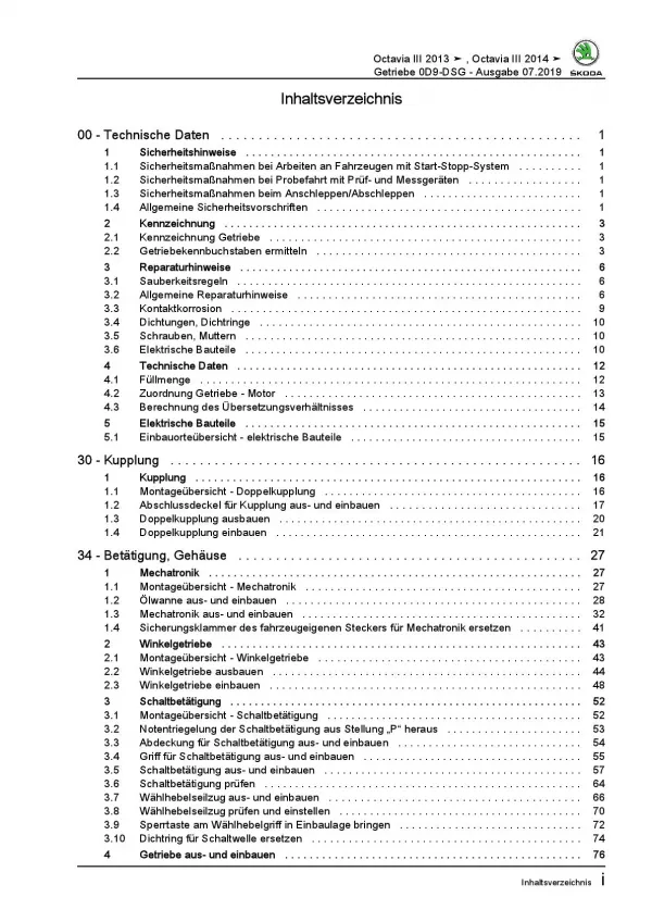 SKODA Octavia 5E (12-20) 6 Gang Automatikgetriebe DSG 0D9 Reparaturanleitung PDF