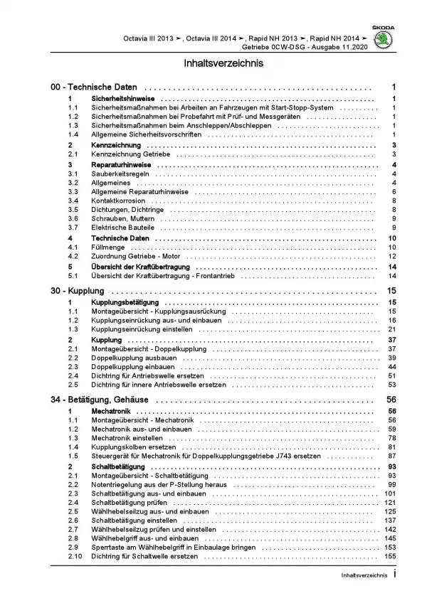 SKODA Octavia 5E (12-20) 7 Gang Automatikgetriebe DKG 0CW Reparaturanleitung PDF