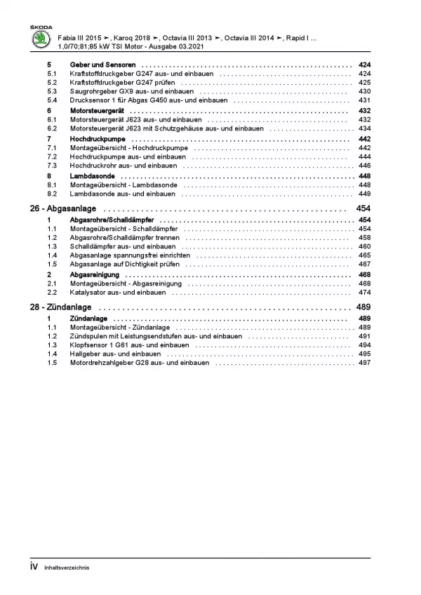 SKODA Octavia 2012-2020 3-Zyl. 1,0l Benzinmotor 95-115 PS Reparaturanleitung PDF