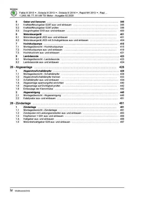 SKODA Octavia 2012-2020 4-Zyl. 1,2l Benzinmotor 85-110 PS Reparaturanleitung PDF