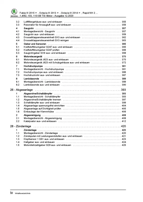 SKODA Octavia (12-20) 4-Zyl. 1,4l Benzinmotor 125-150 PS Reparaturanleitung PDF