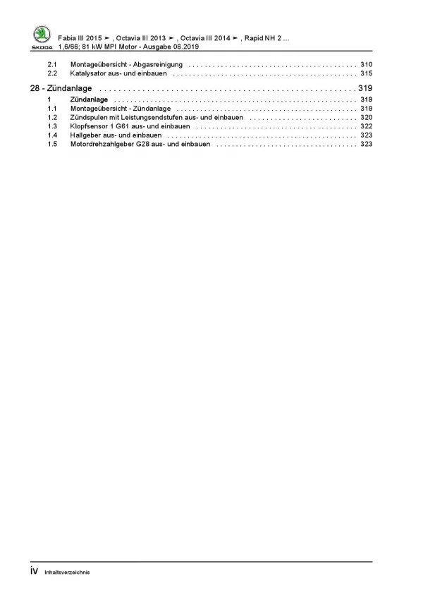 SKODA Octavia 2012-2020 4-Zyl. 1,6l Benzinmotor 90-110 PS Reparaturanleitung PDF