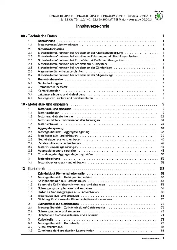 SKODA Octavia 5E 2012-2020 1,8l 2,0l Benzinmotor 179-245 PS Reparaturanleitung