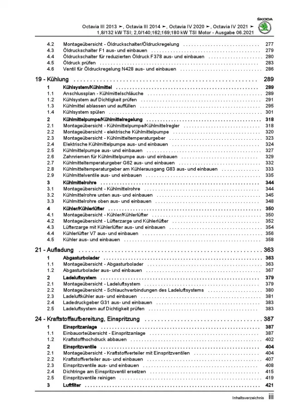 SKODA Octavia 2012-2020 1,8l 2,0l Benzinmotor 179-245 PS Reparaturanleitung PDF