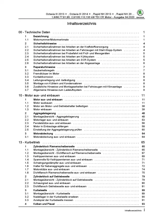 SKODA Octavia 2012-2020 4-Zyl. Dieselmotor TDI 90-184 PS Reparaturanleitung PDF