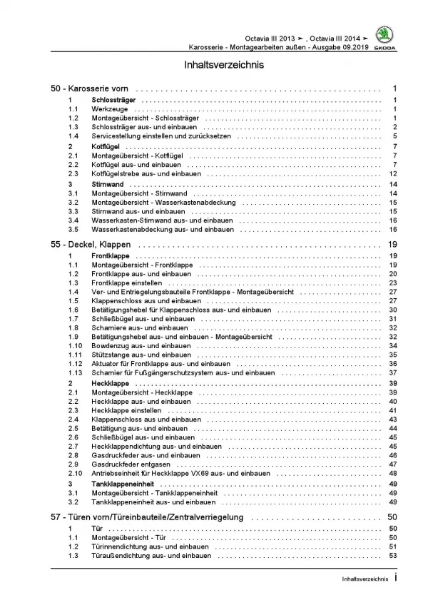 SKODA Octavia 5E (12-20) Karosserie Montagearbeiten Außen Reparaturanleitung PDF