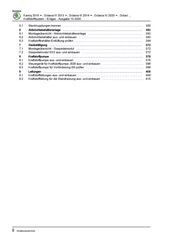 SKODA Octavia (12-20) Kraftstoffversorgung Erdgasmotoren Reparaturanleitung PDF