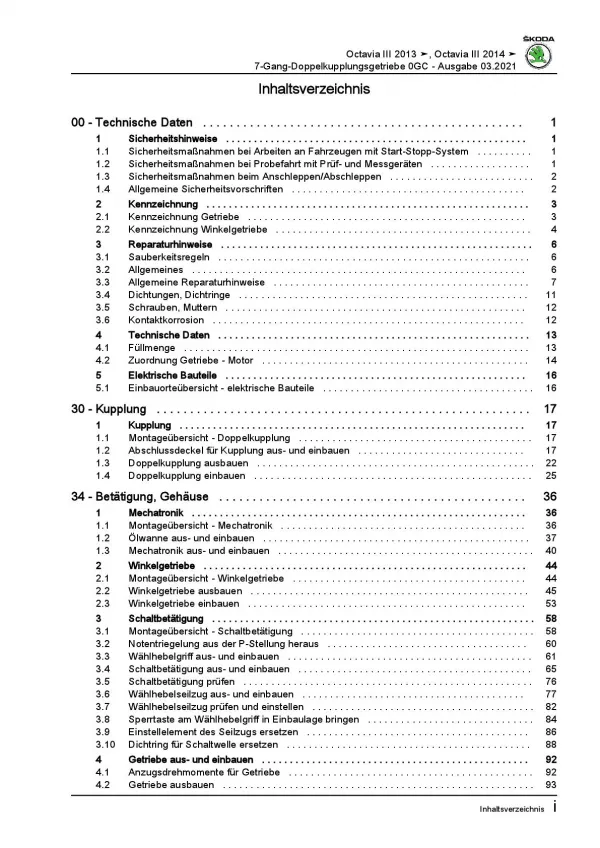 SKODA Octavia 5E (12-20) 7 Gang Automatikgetriebe DKG 0GC Reparaturanleitung PDF