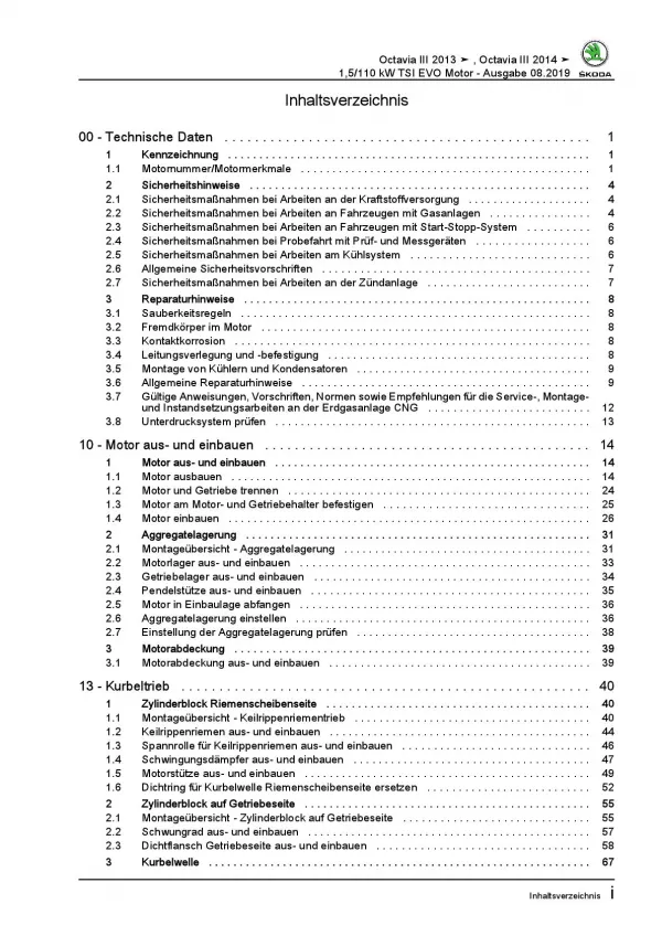 SKODA Octavia 5E 2012-2020 4-Zyl. 1,5l Benzinmotor 150 PS Reparaturanleitung PDF