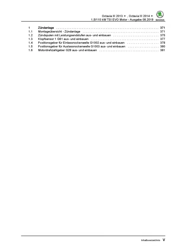 SKODA Octavia 5E 2012-2020 4-Zyl. 1,5l Benzinmotor 150 PS Reparaturanleitung PDF