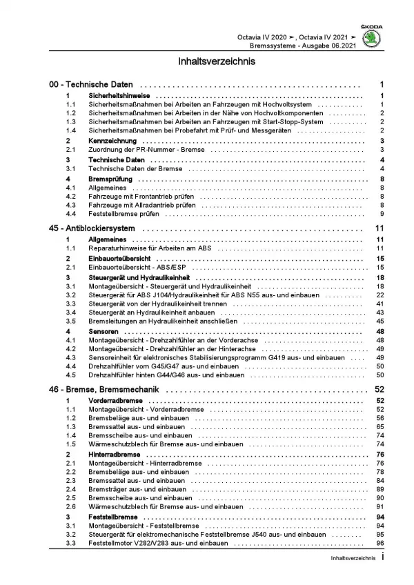 SKODA Octavia Typ NN ab 2019 Bremsanlagen Bremsen System Reparaturanleitung PDF