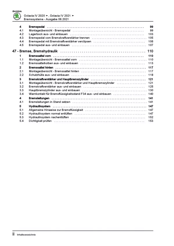 SKODA Octavia Typ NN ab 2019 Bremsanlagen Bremsen System Reparaturanleitung