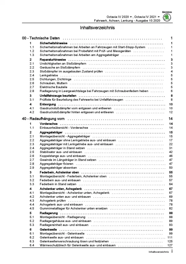 SKODA Octavia Typ NN ab 2019 Fahrwerk Achsen Lenkung Reparaturanleitung PDF