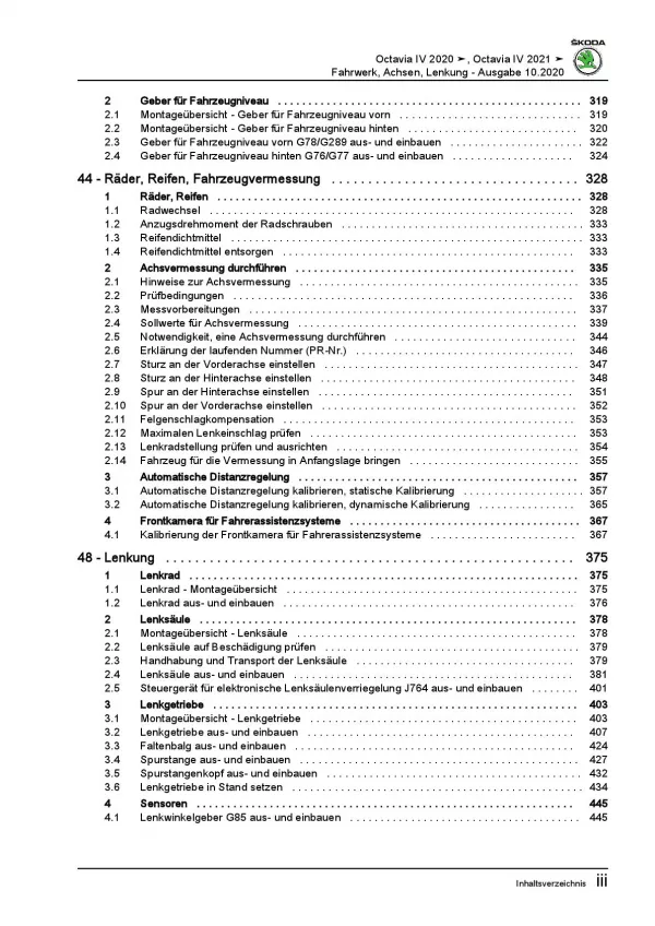 SKODA Octavia Typ NN ab 2019 Fahrwerk Achsen Lenkung Reparaturanleitung PDF