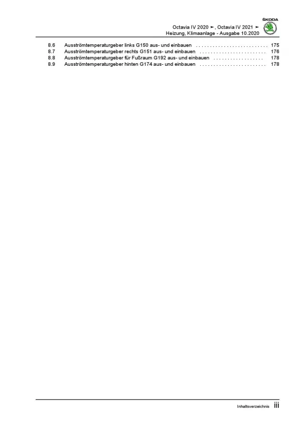 SKODA Octavia NN ab 2019 Heizung Belüftung Klimaanlage Reparaturanleitung PDF