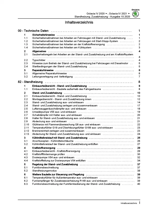 SKODA Octavia Typ NN ab 2019 Standheizung Zusatzheizung Reparaturanleitung PDF