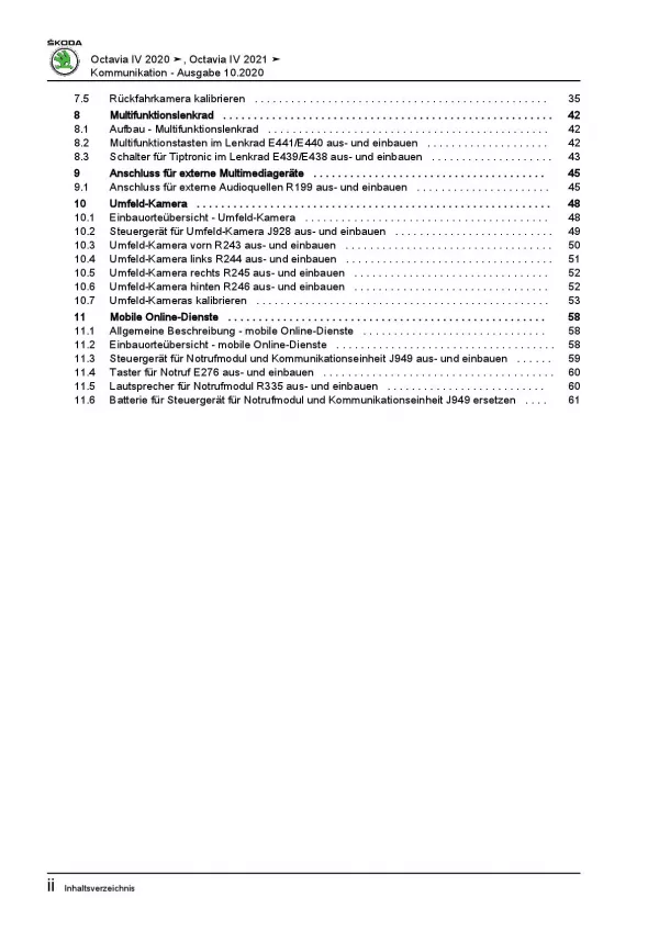 SKODA Octavia NN ab 2019 Radio Navigation Kommunikation Reparaturanleitung PDF