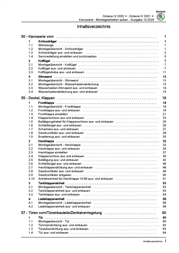 SKODA Octavia NN ab 2019 Karosserie Montagearbeiten Außen Reparaturanleitung PDF