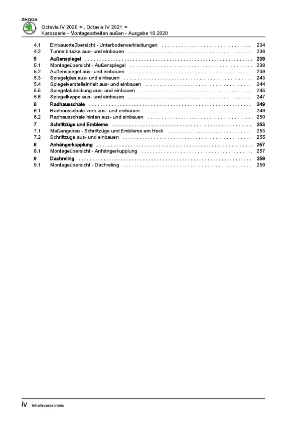 SKODA Octavia NN ab 2019 Karosserie Montagearbeiten Außen Reparaturanleitung PDF