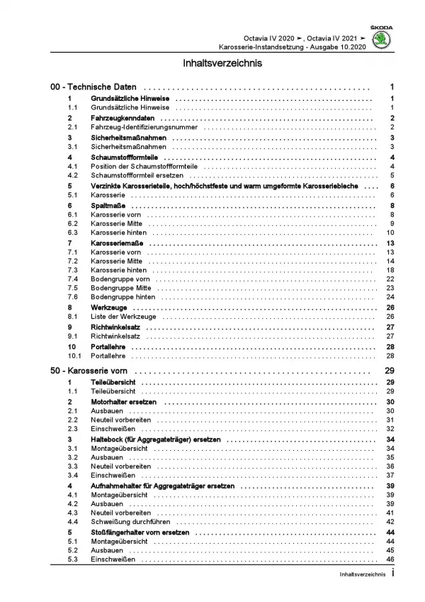 SKODA Octavia NN ab 2019 Karosserie Unfall Instandsetzung Reparaturanleitung PDF