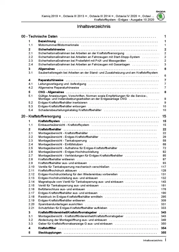 SKODA Octavia NN ab 2019 Kraftstoffversorgung Erdgasmotor Reparaturanleitung PDF