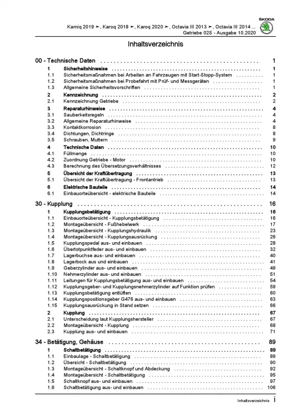 SKODA Octavia ab 2019 6 Gang Schaltgetriebe 02S Kupplung Reparaturanleitung PDF