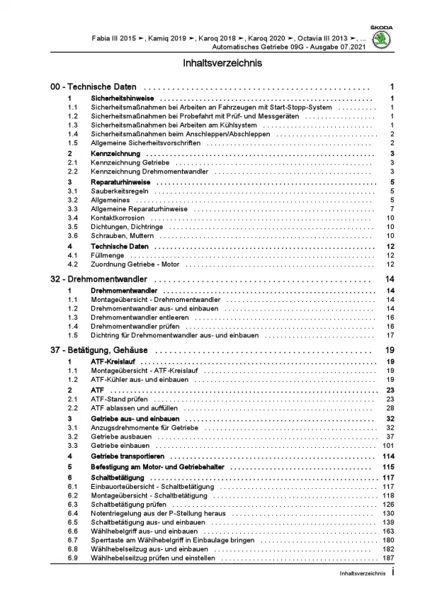 SKODA Octavia Typ NN ab 2019 6 Gang Automatikgetriebe 09G Reparaturanleitung PDF
