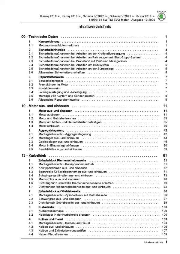 SKODA Octavia ab 2019 3-Zyl. 1,0l Benzinmotor 95-110 PS Reparaturanleitung PDF