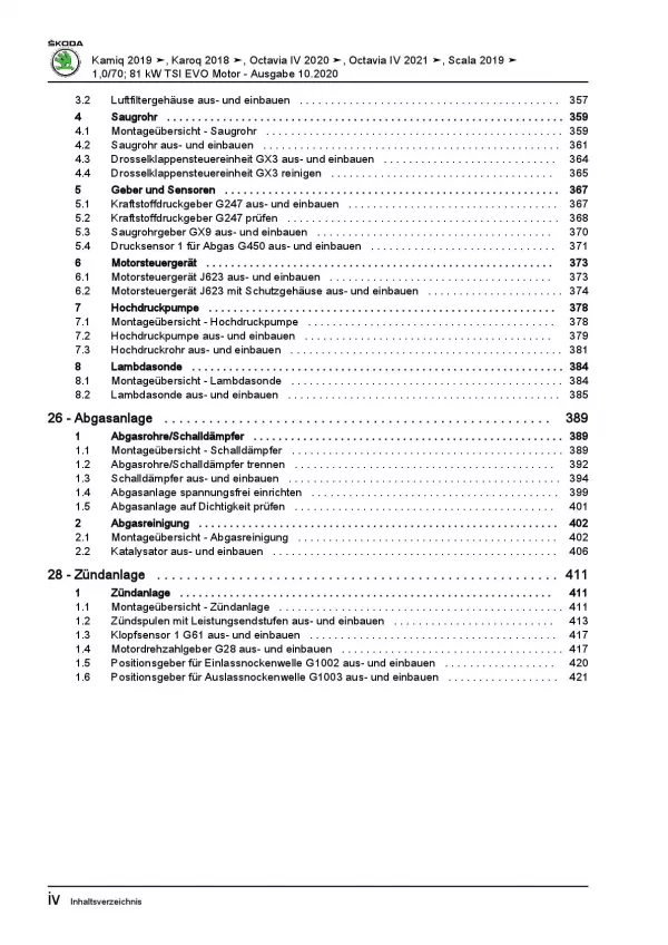 SKODA Octavia NN ab 2019 3-Zyl. 1,0l Benzinmotor 95-110 PS Reparaturanleitung