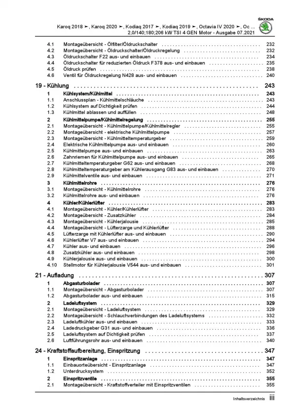 SKODA Octavia ab 2019 4-Zyl. 2,0l Benzinmotor 190-280 PS Reparaturanleitung PDF