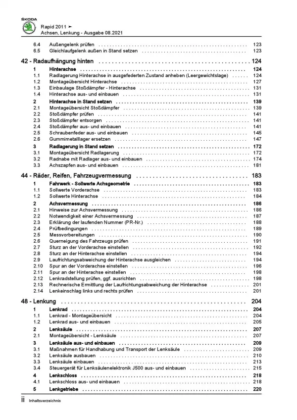 SKODA Rapid Typ NA 2011-2017 Fahrwerk Achsen Lenkung Reparaturanleitung