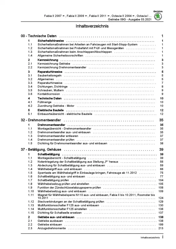 SKODA Rapid Typ NA 2011-2017 6 Gang Automatikgetriebe 09G Reparaturanleitung PDF