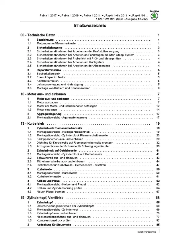 SKODA Rapid NA 2011-2017 4-Zyl. 1,6l Benzinmotor 105 PS Reparaturanleitung PDF