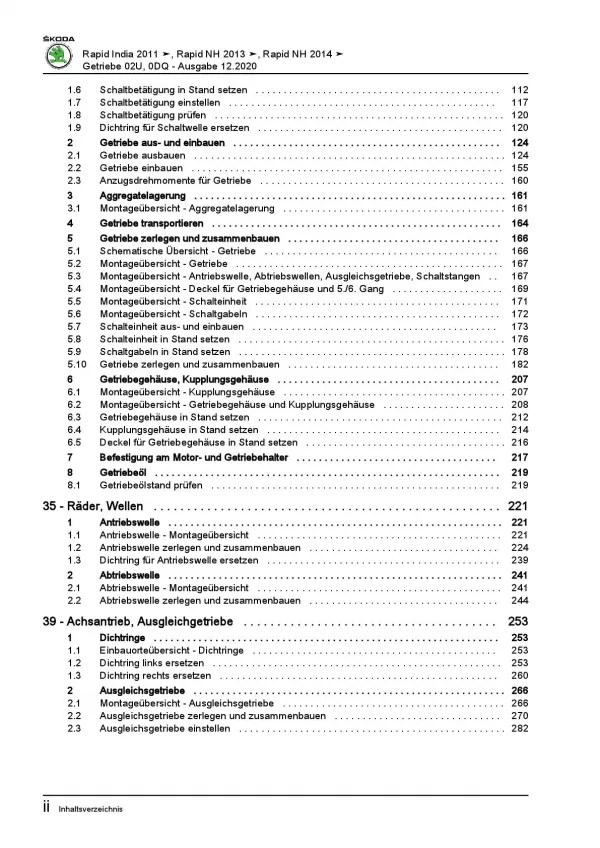 SKODA Rapid NH (12-20) 6 Gang Schaltgetriebe 02U 0DQ Kupplung Reparaturanleitung