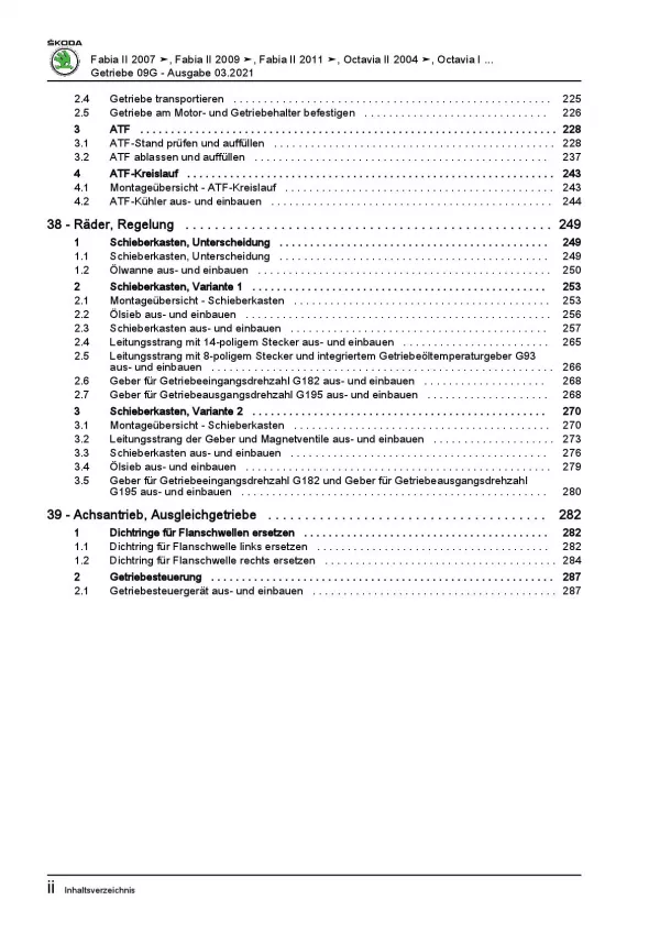 SKODA Roomster 5J 2006-2015 6 Gang Automatikgetriebe 09G Reparaturanleitung PDF